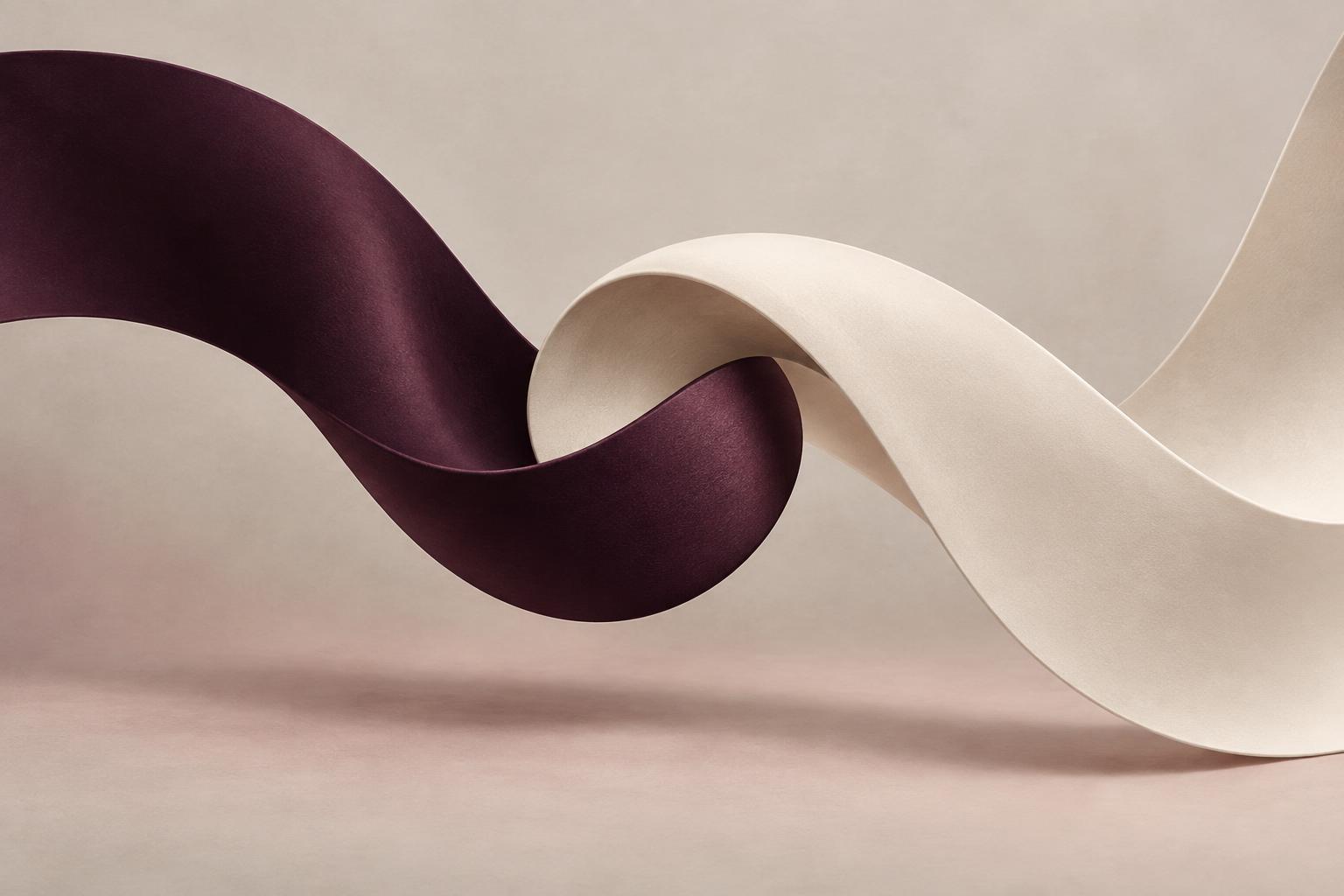 Two curved sculptural ribbons interlocking, one aubergine and one ivory